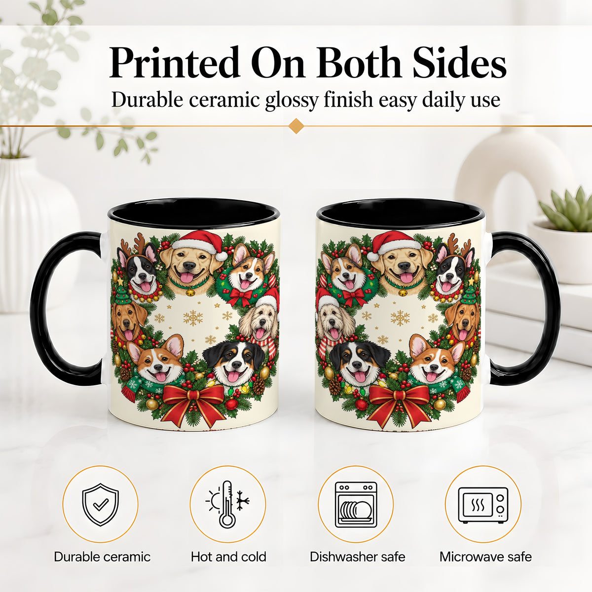 #pl[11oz|Black] Christmas Dogs Wreath Ceramic Mug, Festive Pet Holiday Artwork