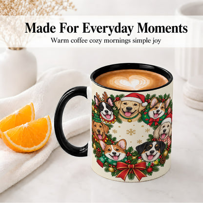 #pl[11oz|Black] Christmas Dogs Wreath Ceramic Mug, Festive Pet Holiday Artwork