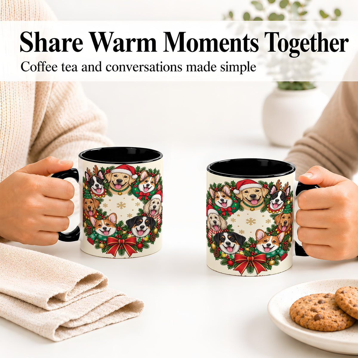 #pl[11oz|Black] Christmas Dogs Wreath Ceramic Mug, Festive Pet Holiday Artwork