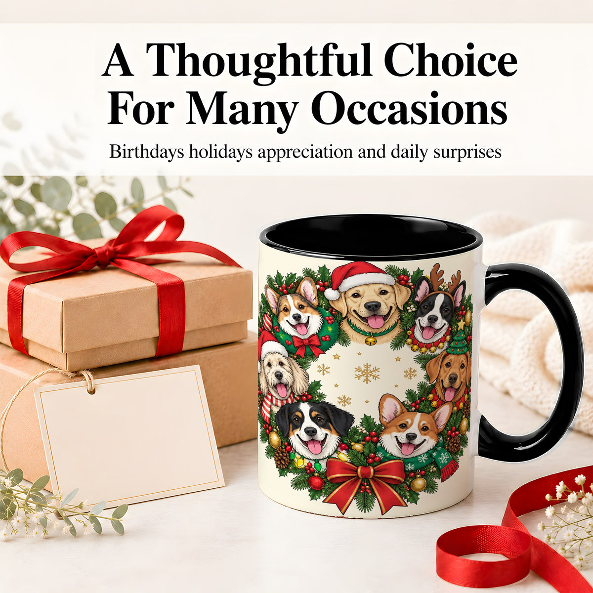 #pl[11oz|Black] Christmas Dogs Wreath Ceramic Mug, Festive Pet Holiday Artwork