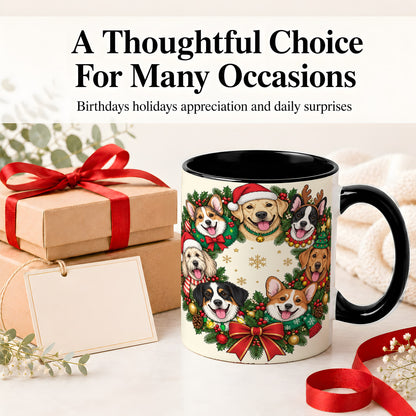 #pl[11oz|Black] Christmas Dogs Wreath Ceramic Mug, Festive Pet Holiday Artwork