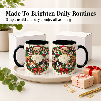 #pl[11oz|Black] Christmas Dogs Wreath Ceramic Mug, Festive Pet Holiday Artwork
