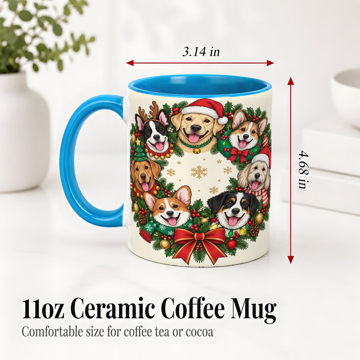 #pl[11oz|Blue] Christmas Dogs Wreath Ceramic Mug, Festive Pet Holiday Artwork