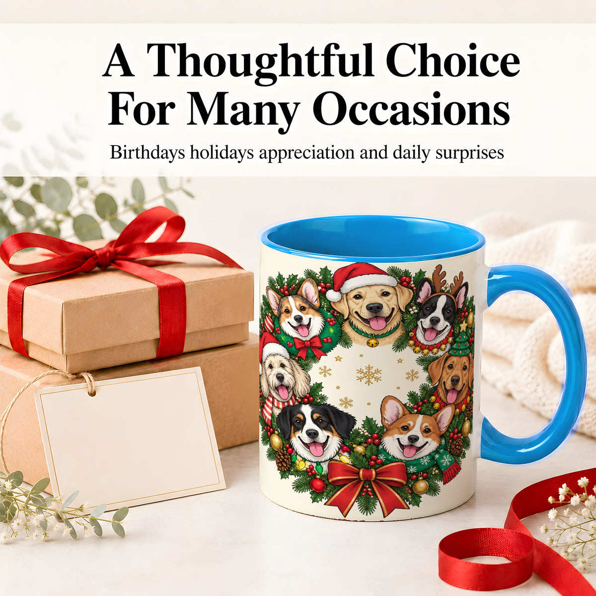 #pl[11oz|Blue] Christmas Dogs Wreath Ceramic Mug, Festive Pet Holiday Artwork
