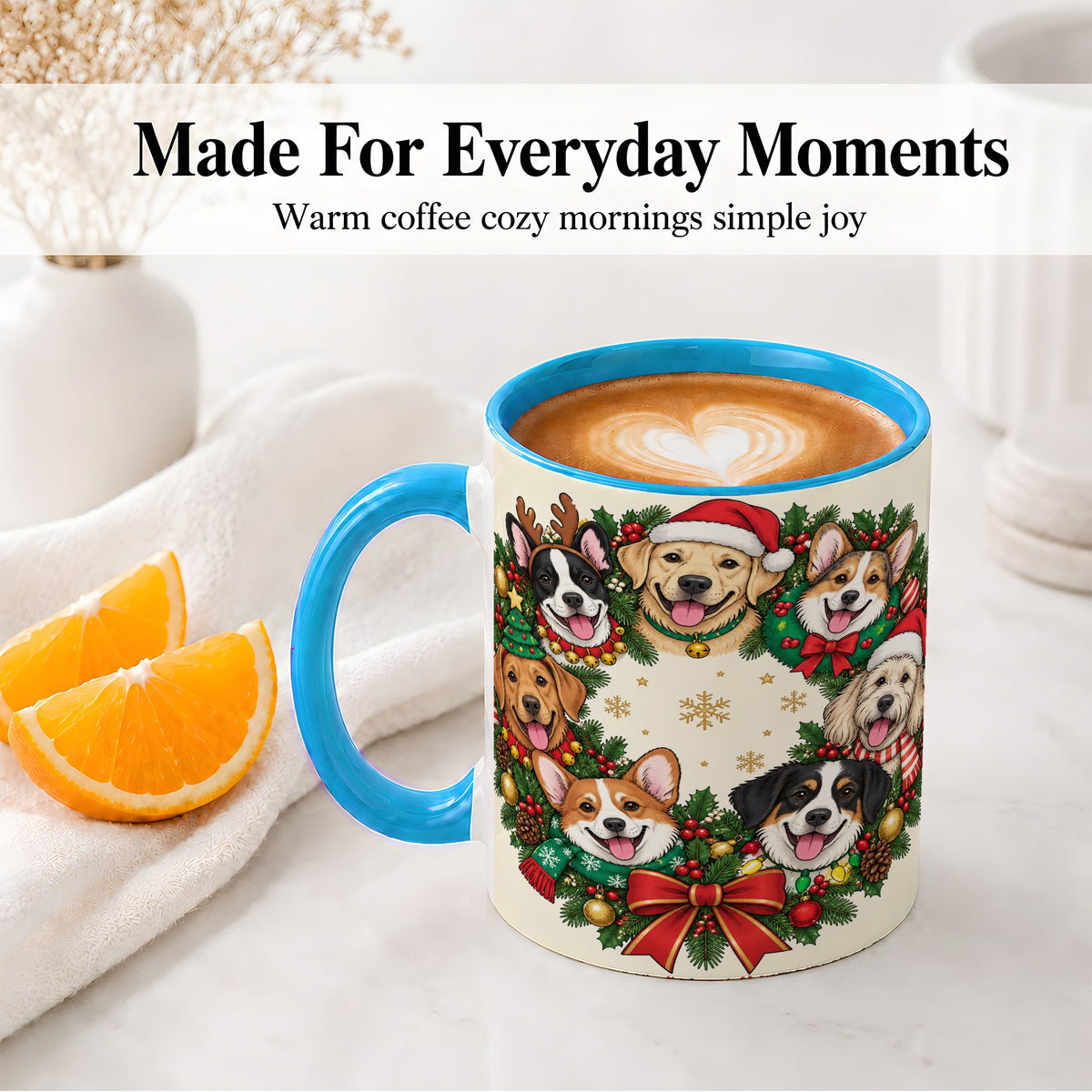 #pl[11oz|Blue] Christmas Dogs Wreath Ceramic Mug, Festive Pet Holiday Artwork