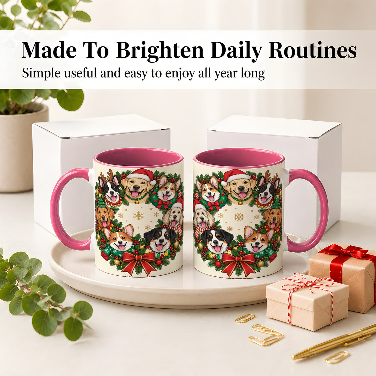 #pl[11oz|Pink] Christmas Dogs Wreath Ceramic Mug, Festive Pet Holiday Artwork
