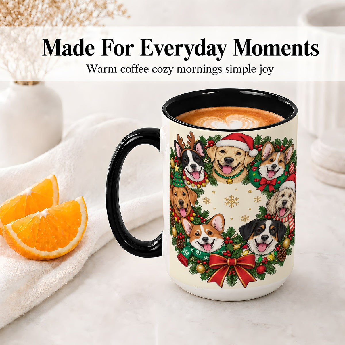 #pl[15oz|Black] Christmas Dogs Wreath Ceramic Mug, Festive Pet Holiday Artwork