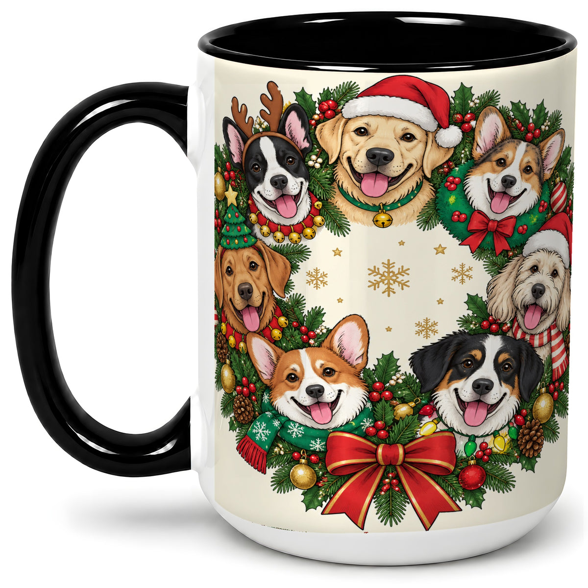 #pl[15oz|Black] Christmas Dogs Wreath Ceramic Mug, Festive Pet Holiday Artwork
