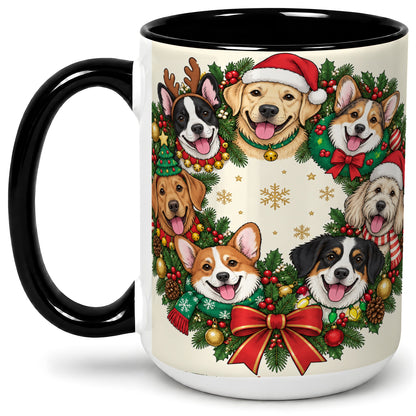 #pl[15oz|Black] Christmas Dogs Wreath Ceramic Mug, Festive Pet Holiday Artwork