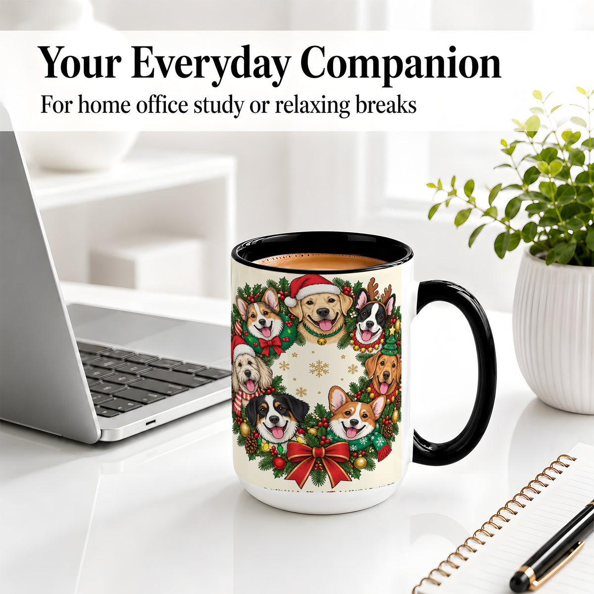 #pl[15oz|Black] Christmas Dogs Wreath Ceramic Mug, Festive Pet Holiday Artwork