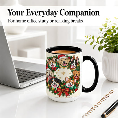 #pl[15oz|Black] Christmas Dogs Wreath Ceramic Mug, Festive Pet Holiday Artwork
