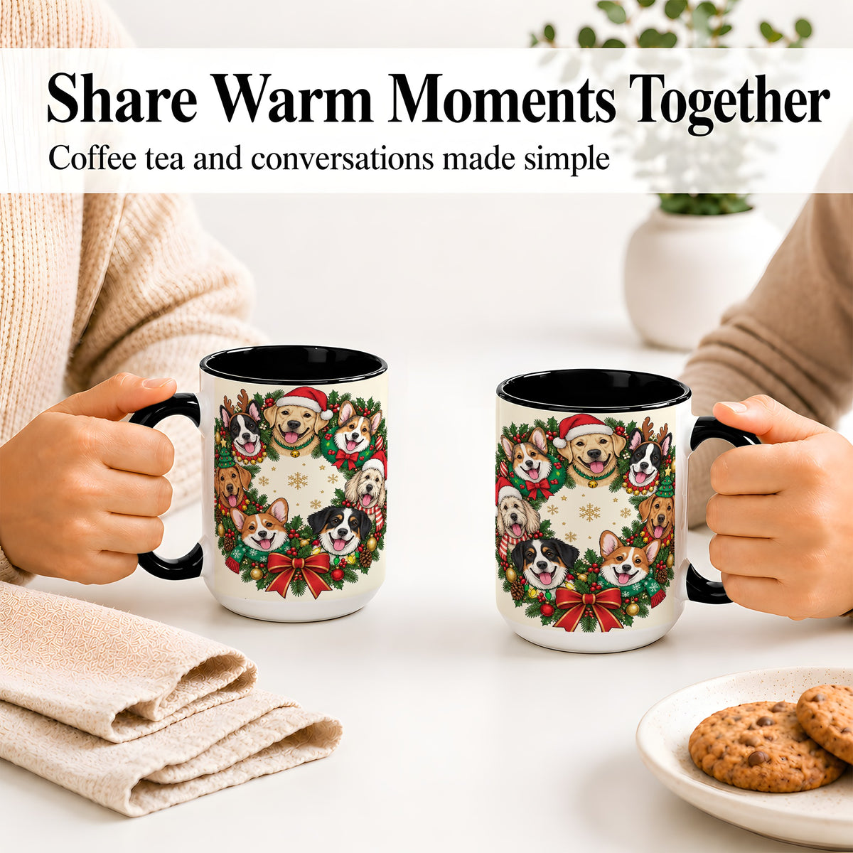 #pl[15oz|Black] Christmas Dogs Wreath Ceramic Mug, Festive Pet Holiday Artwork