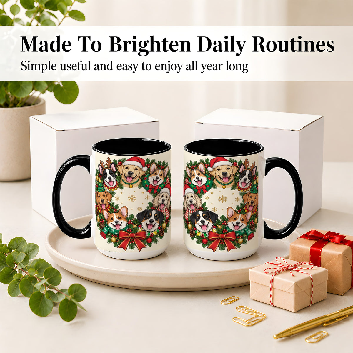 #pl[15oz|Black] Christmas Dogs Wreath Ceramic Mug, Festive Pet Holiday Artwork
