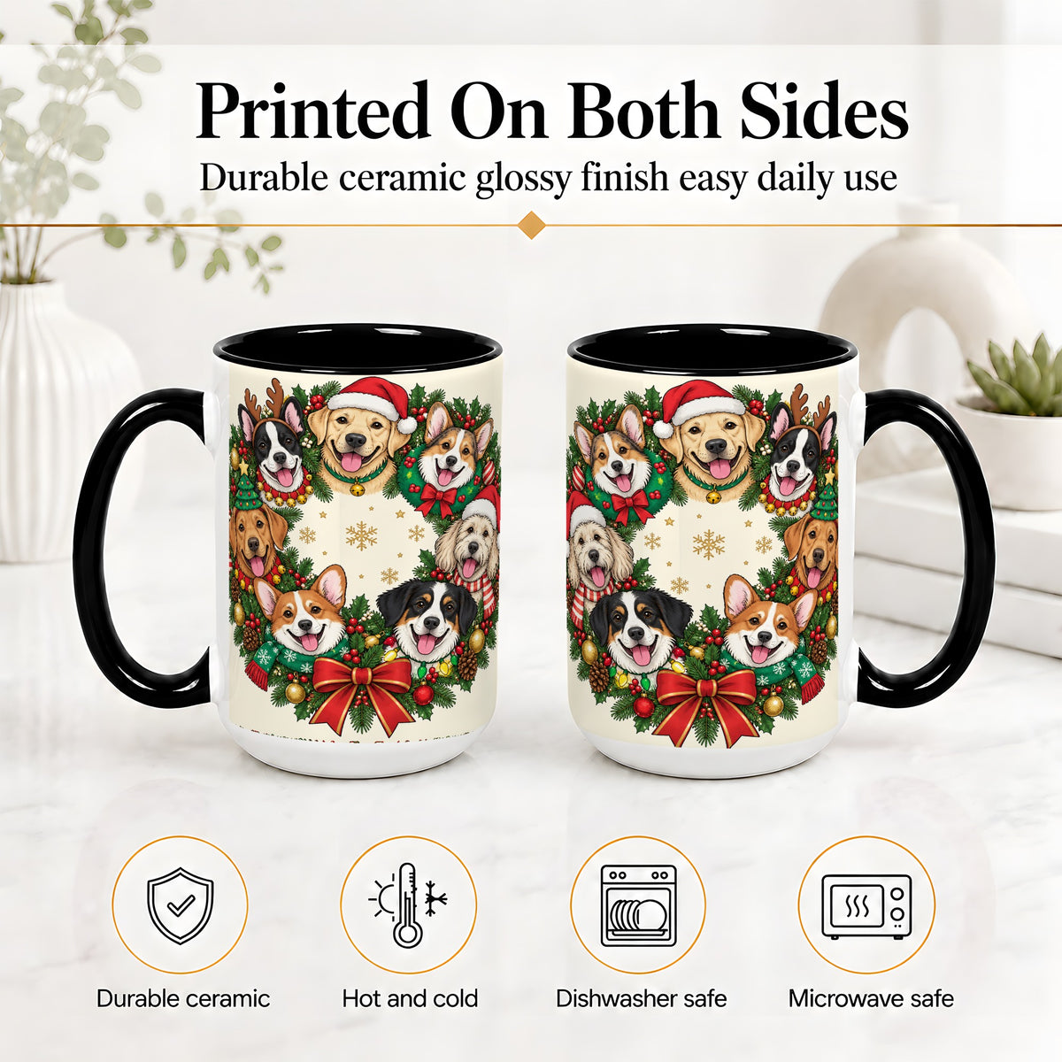 #pl[15oz|Black] Christmas Dogs Wreath Ceramic Mug, Festive Pet Holiday Artwork