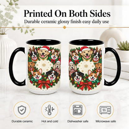 #pl[15oz|Black] Christmas Dogs Wreath Ceramic Mug, Festive Pet Holiday Artwork