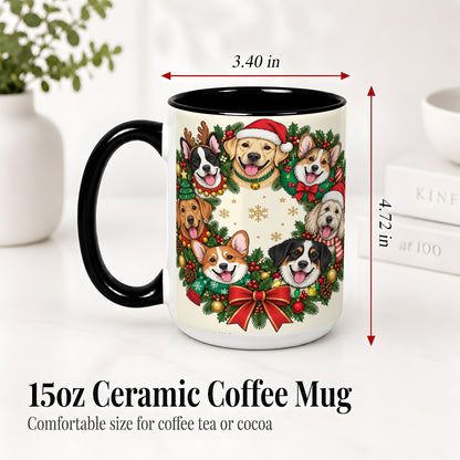 #pl[15oz|Black] Christmas Dogs Wreath Ceramic Mug, Festive Pet Holiday Artwork