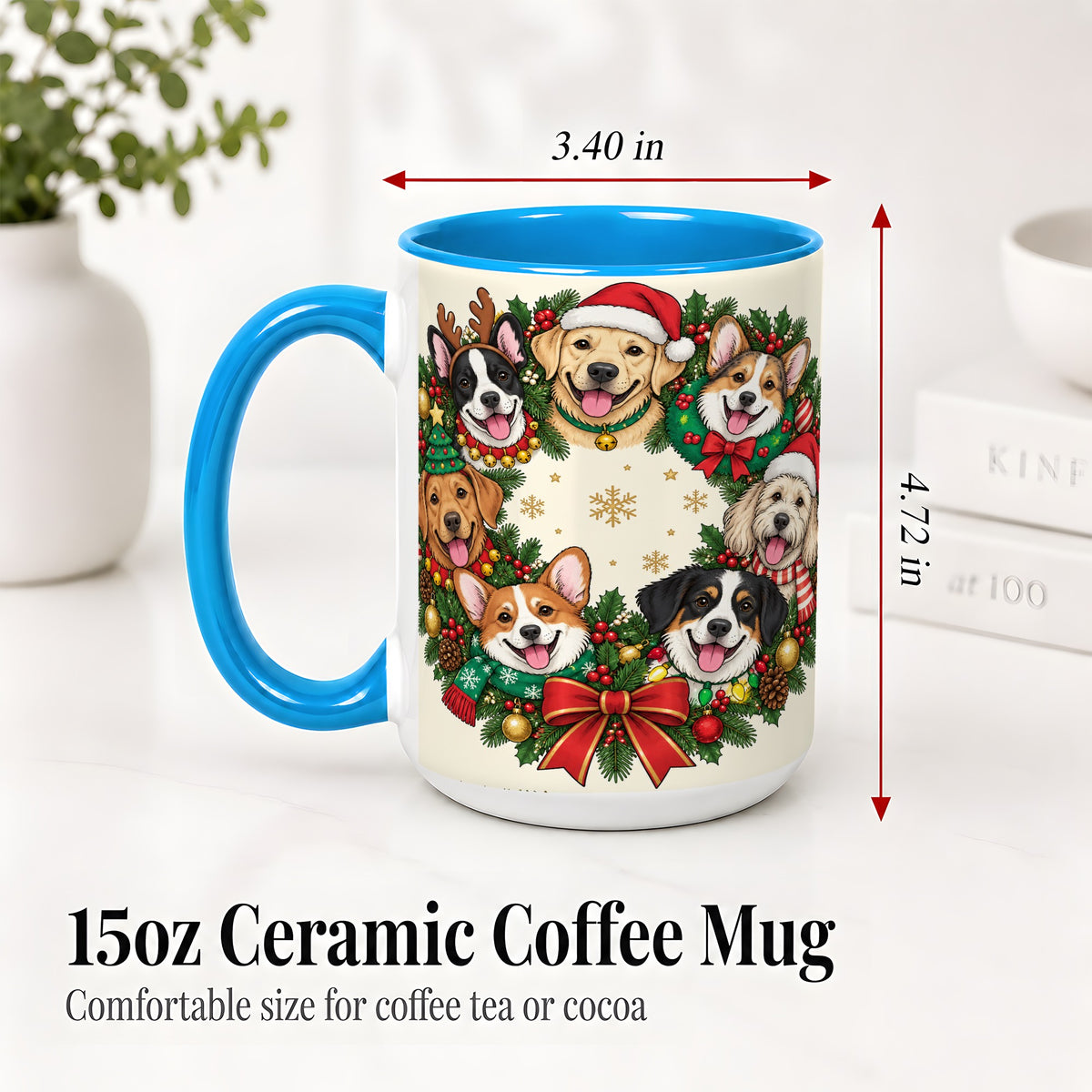 #pl[15oz|Blue] Christmas Dogs Wreath Ceramic Mug, Festive Pet Holiday Artwork