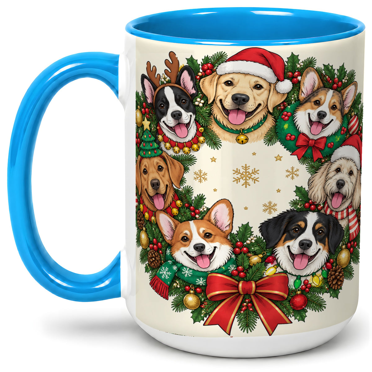 #pl[15oz|Blue] Christmas Dogs Wreath Ceramic Mug, Festive Pet Holiday Artwork