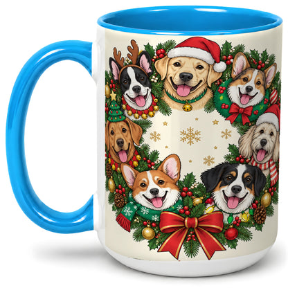 #pl[15oz|Blue] Christmas Dogs Wreath Ceramic Mug, Festive Pet Holiday Artwork