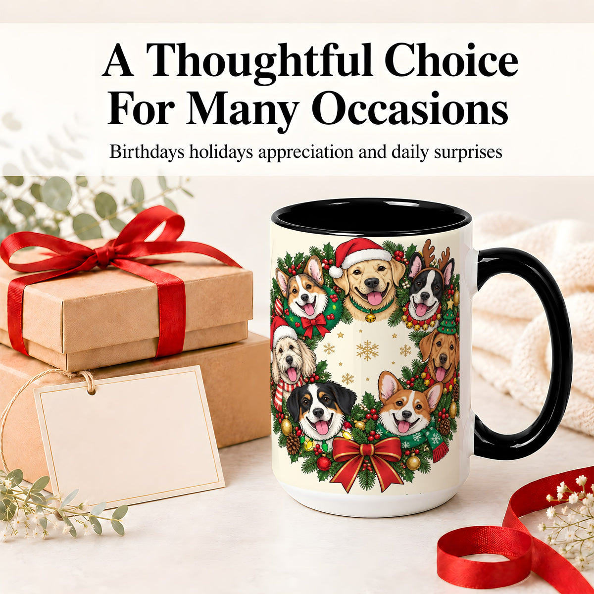 #pl[15oz|Black] Christmas Dogs Wreath Ceramic Mug, Festive Pet Holiday Artwork