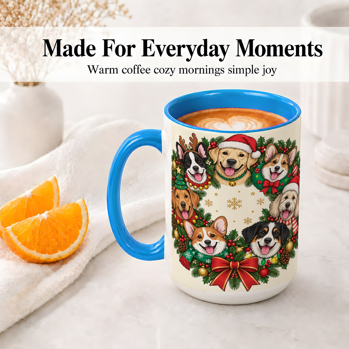 #pl[15oz|Blue] Christmas Dogs Wreath Ceramic Mug, Festive Pet Holiday Artwork