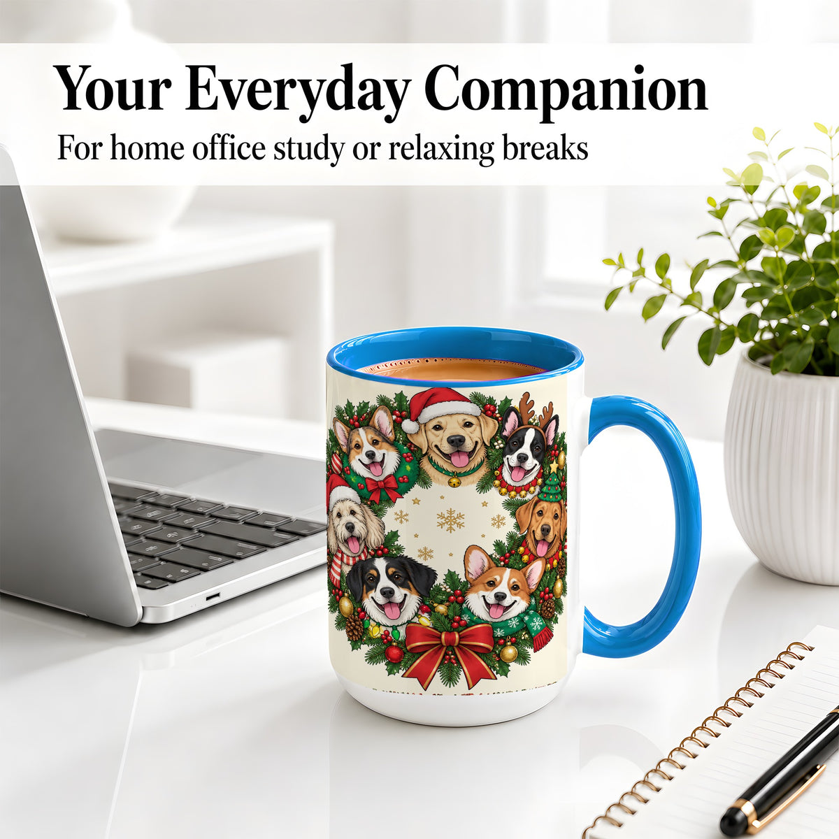 #pl[15oz|Blue] Christmas Dogs Wreath Ceramic Mug, Festive Pet Holiday Artwork