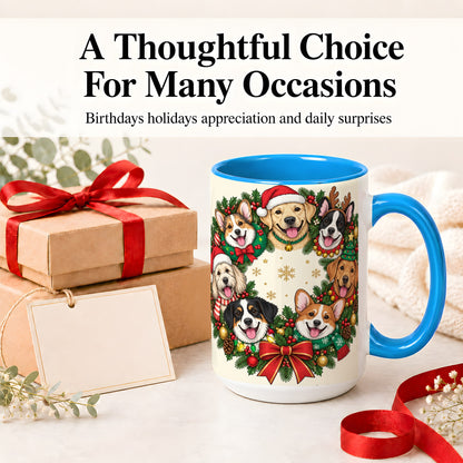 #pl[15oz|Blue] Christmas Dogs Wreath Ceramic Mug, Festive Pet Holiday Artwork