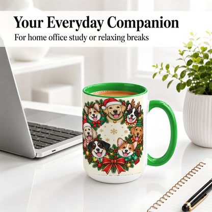 #pl[15oz|Green] Christmas Dogs Wreath Ceramic Mug, Festive Pet Holiday Artwork