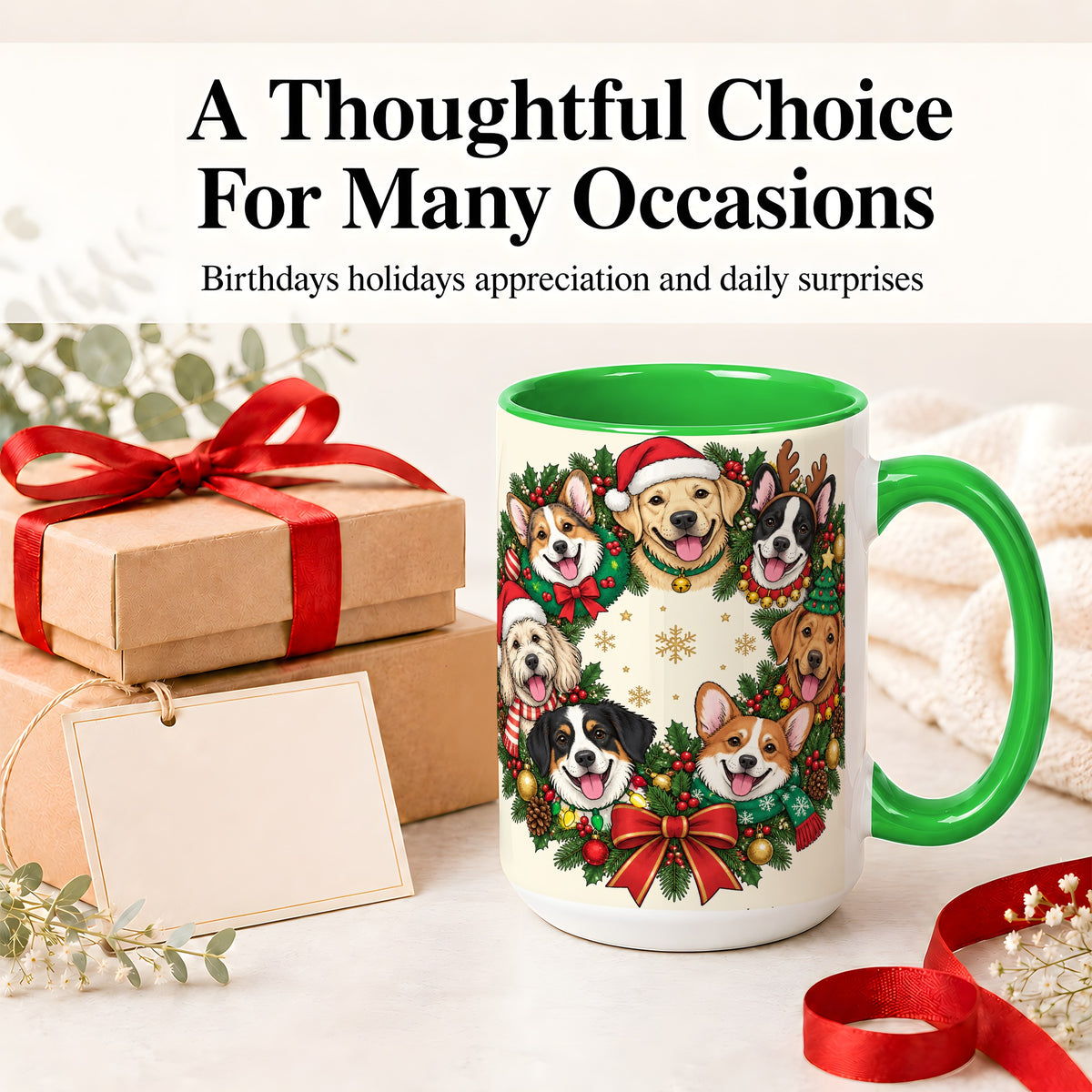 #pl[15oz|Green] Christmas Dogs Wreath Ceramic Mug, Festive Pet Holiday Artwork