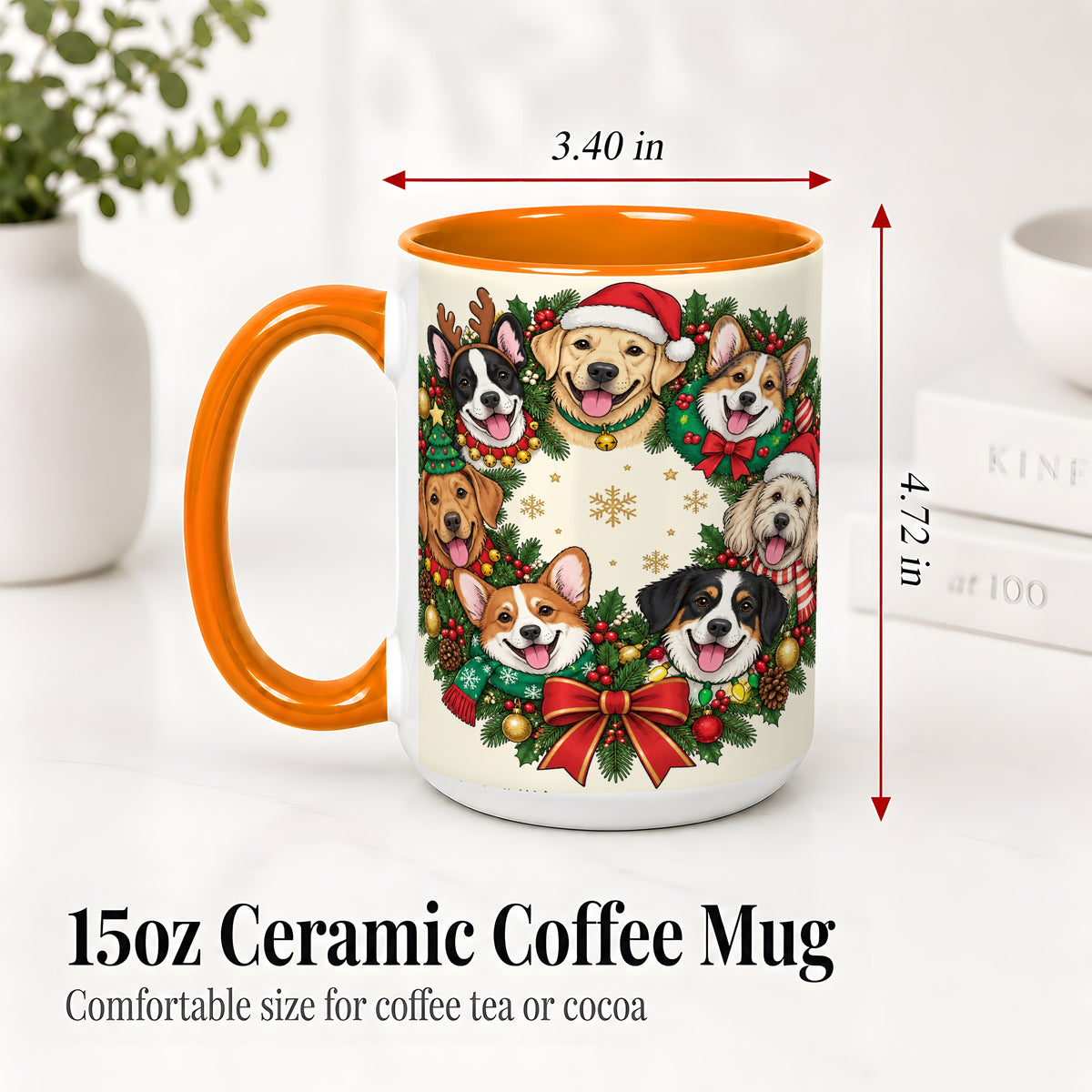 #pl[15oz|Orange] Christmas Dogs Wreath Ceramic Mug, Festive Pet Holiday Artwork