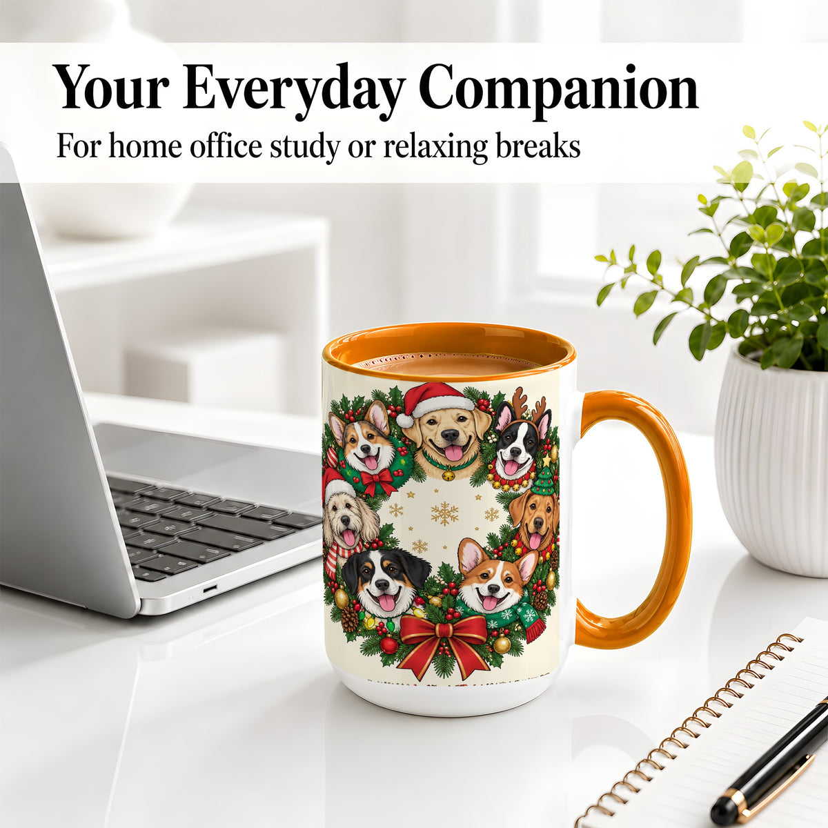 #pl[15oz|Orange] Christmas Dogs Wreath Ceramic Mug, Festive Pet Holiday Artwork