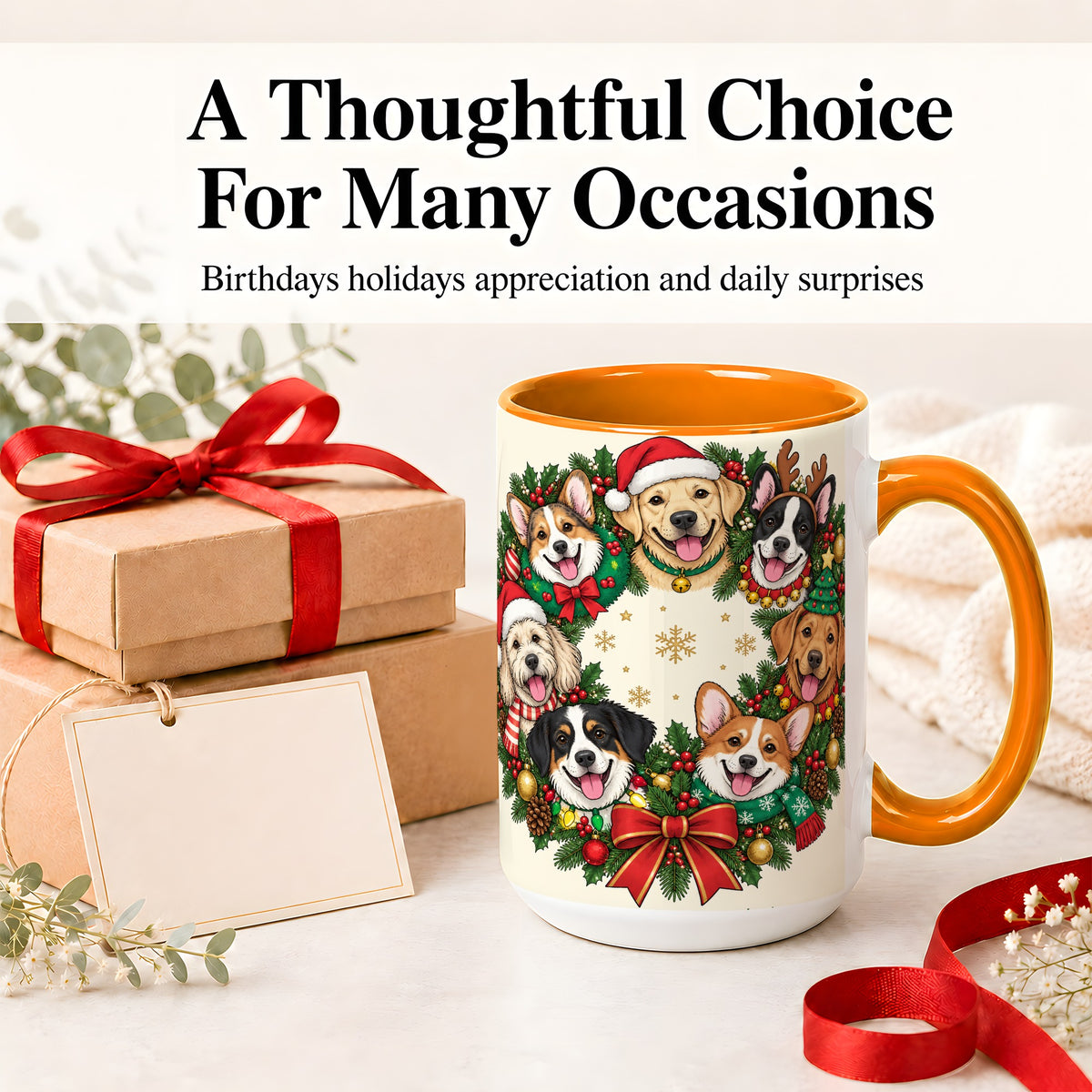 #pl[15oz|Orange] Christmas Dogs Wreath Ceramic Mug, Festive Pet Holiday Artwork