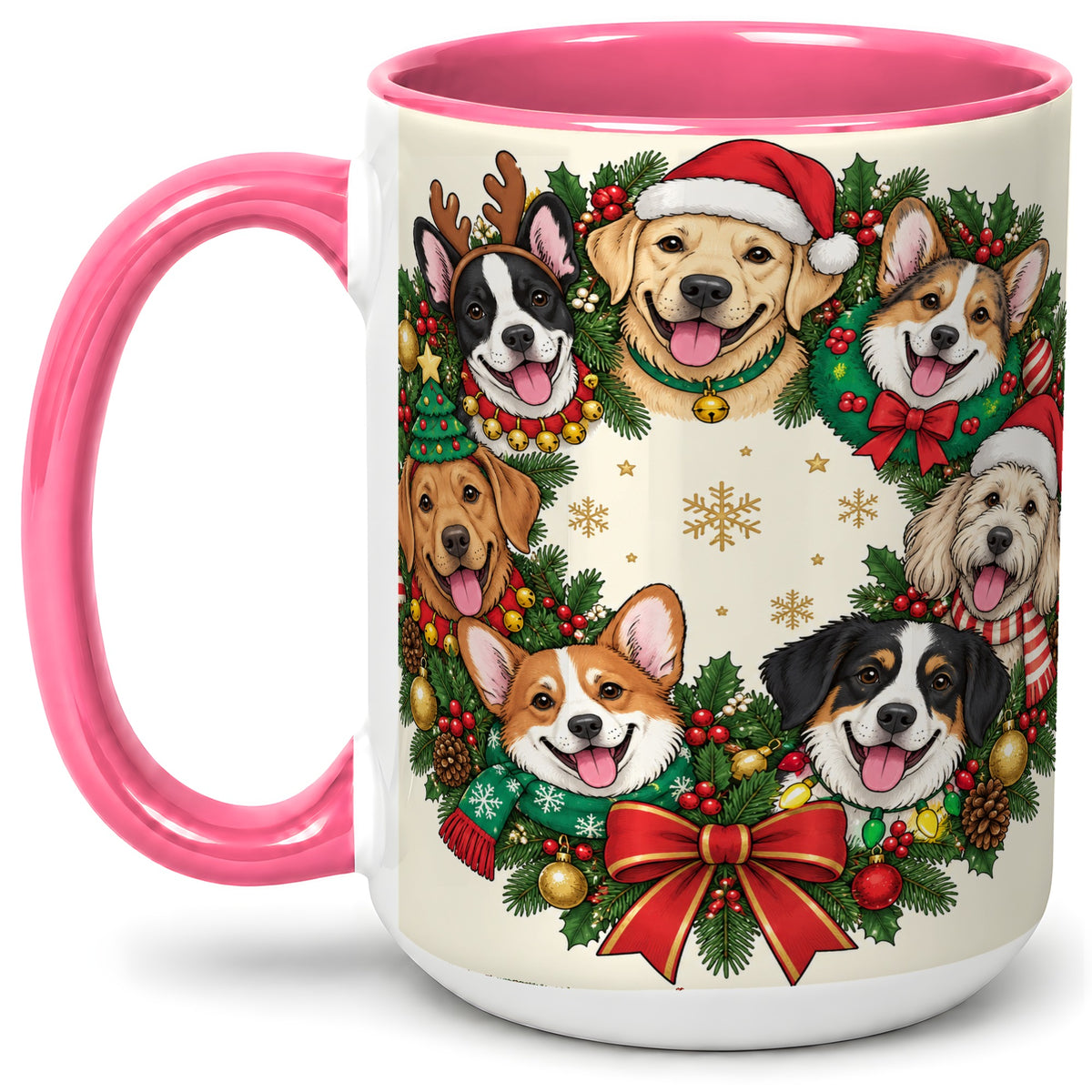 #pl[15oz|Pink] Christmas Dogs Wreath Ceramic Mug, Festive Pet Holiday Artwork