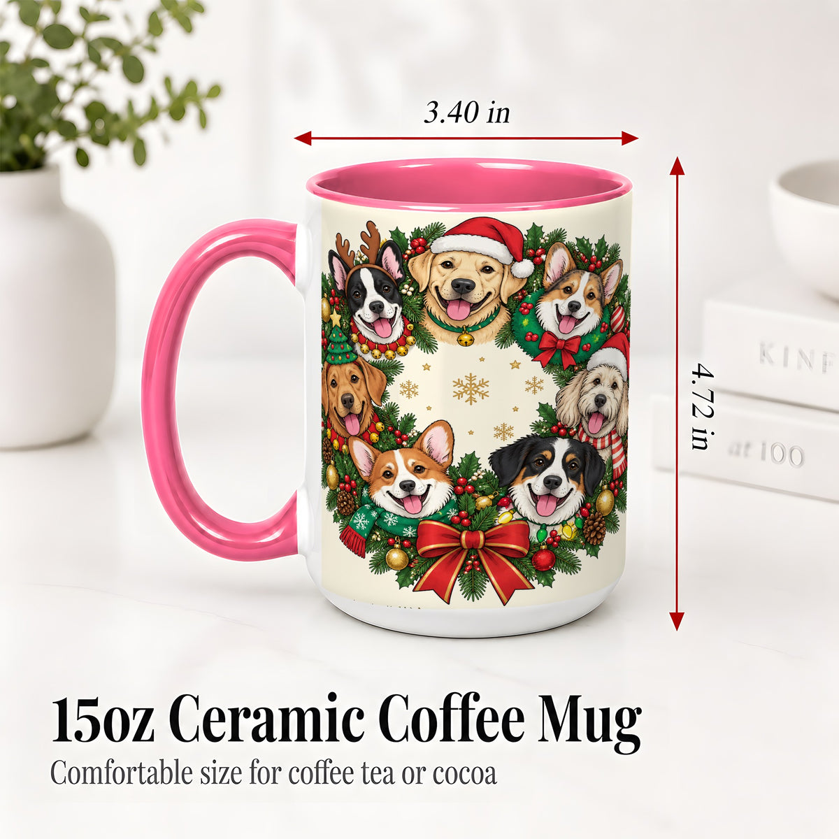 #pl[15oz|Pink] Christmas Dogs Wreath Ceramic Mug, Festive Pet Holiday Artwork