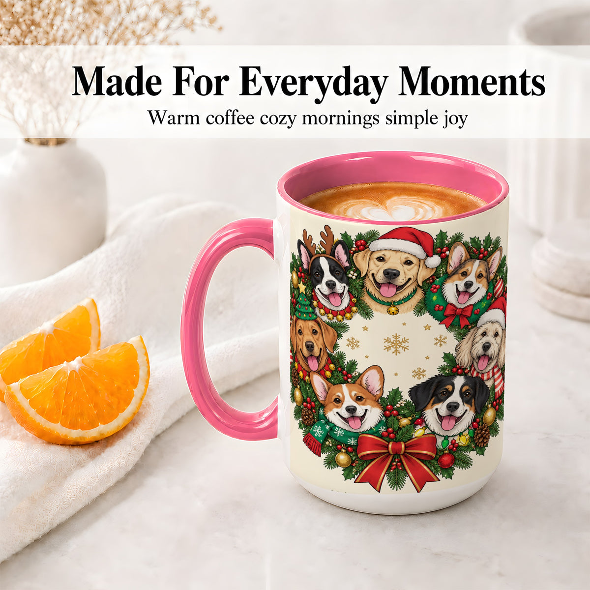 #pl[15oz|Pink] Christmas Dogs Wreath Ceramic Mug, Festive Pet Holiday Artwork