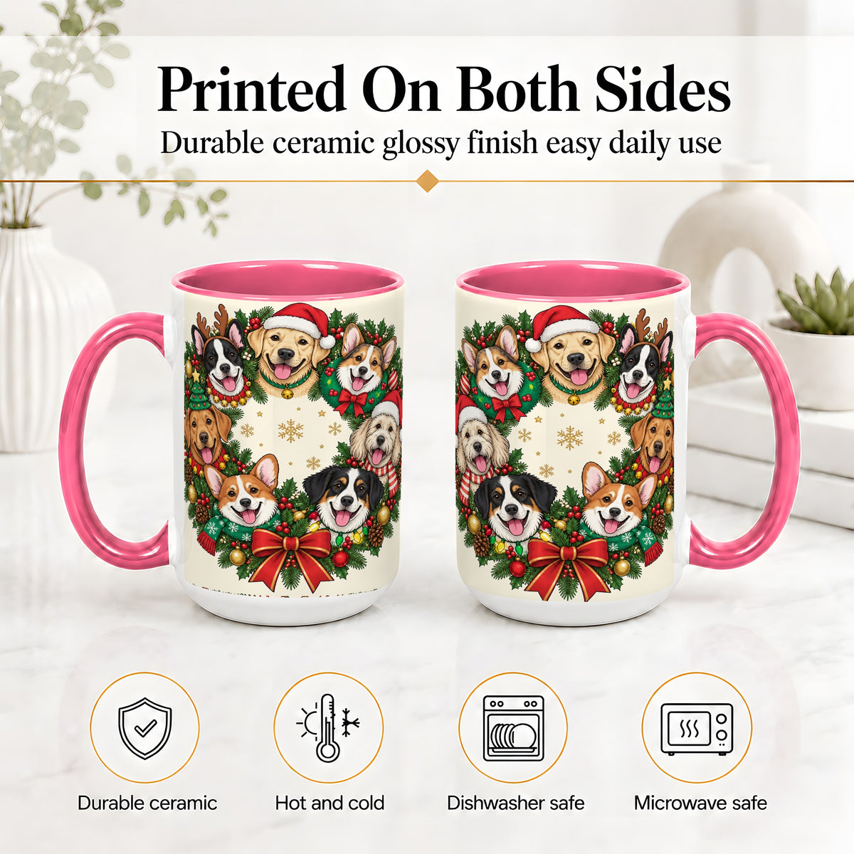 #pl[15oz|Pink] Christmas Dogs Wreath Ceramic Mug, Festive Pet Holiday Artwork