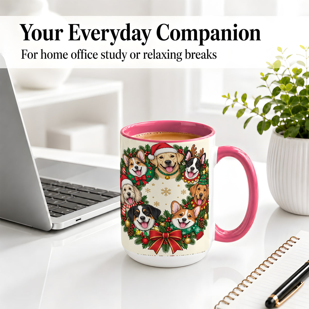 #pl[15oz|Pink] Christmas Dogs Wreath Ceramic Mug, Festive Pet Holiday Artwork