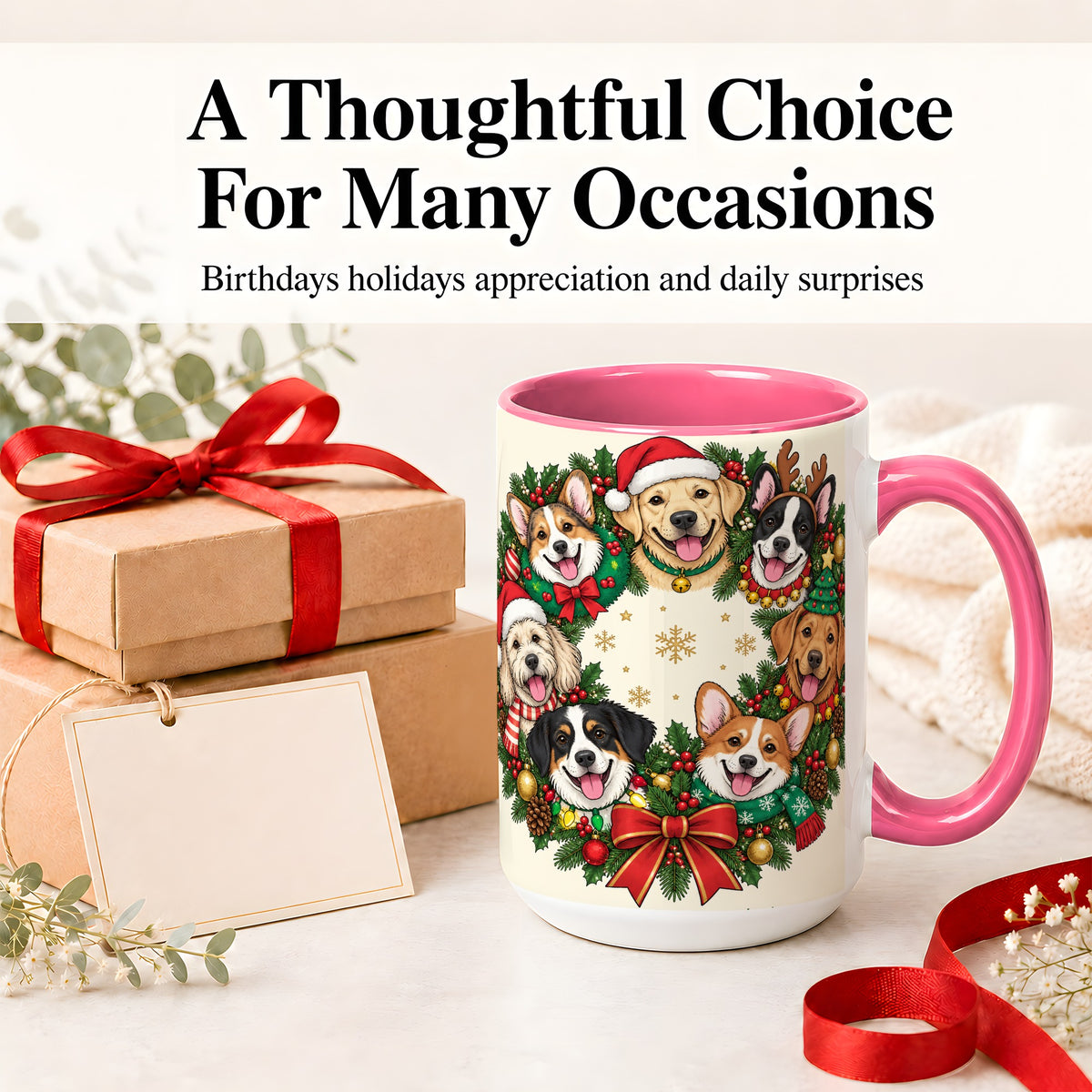 #pl[15oz|Pink] Christmas Dogs Wreath Ceramic Mug, Festive Pet Holiday Artwork