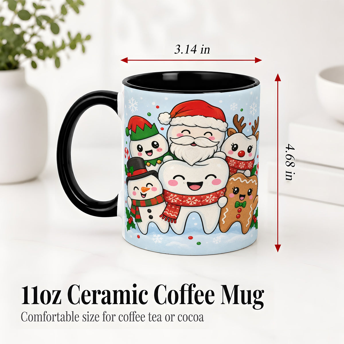 #pl[11oz|Black] Cute Dental Christmas Ceramic Mug, Tooth Character Holiday Artwork