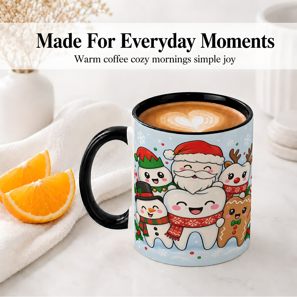 #pl[11oz|Black] Cute Dental Christmas Ceramic Mug, Tooth Character Holiday Artwork