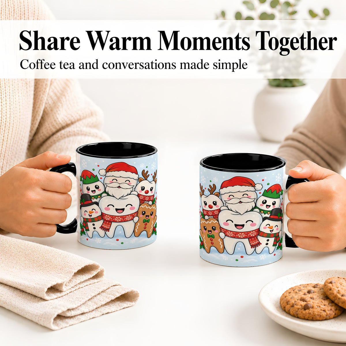 #pl[11oz|Black] Cute Dental Christmas Ceramic Mug, Tooth Character Holiday Artwork