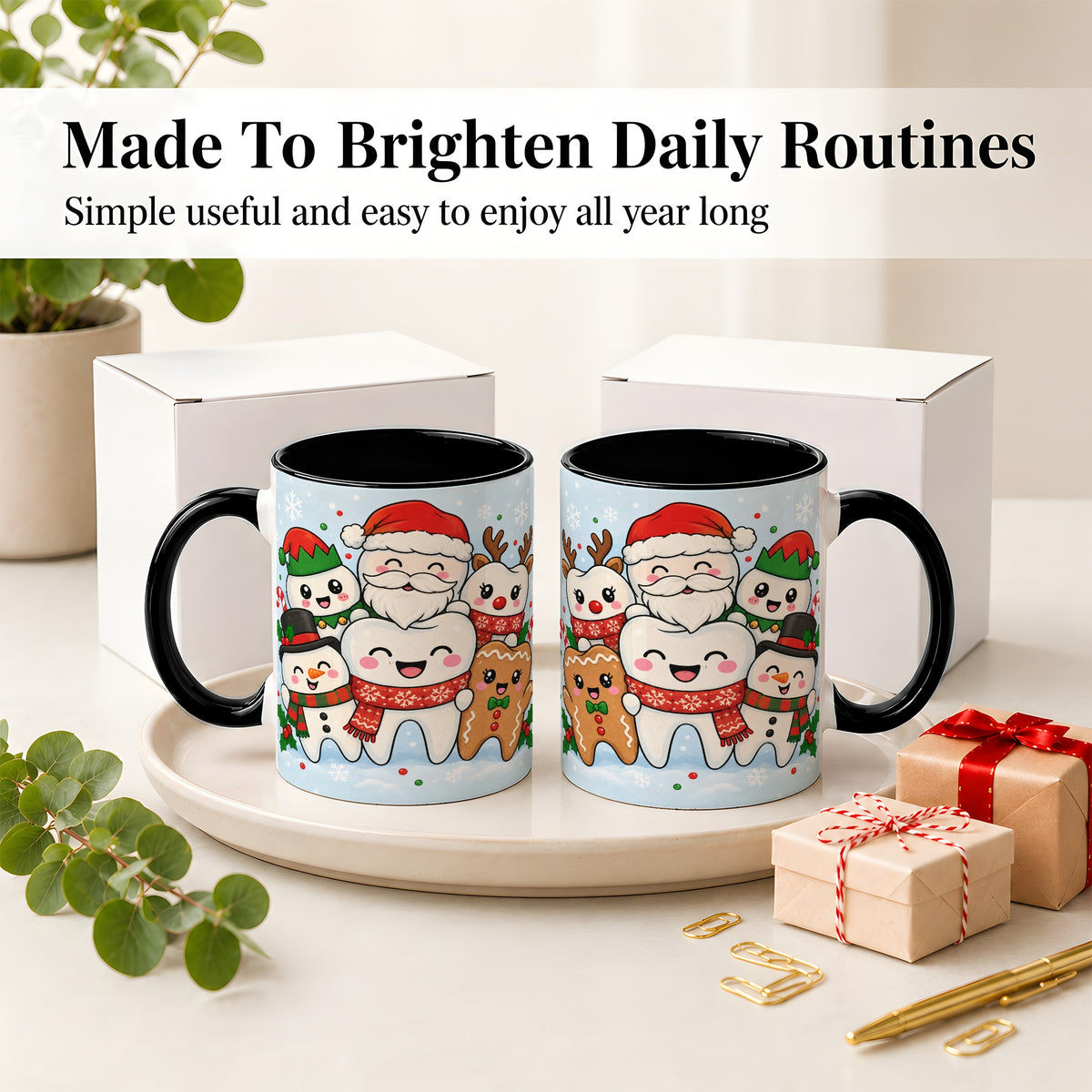 #pl[11oz|Black] Cute Dental Christmas Ceramic Mug, Tooth Character Holiday Artwork