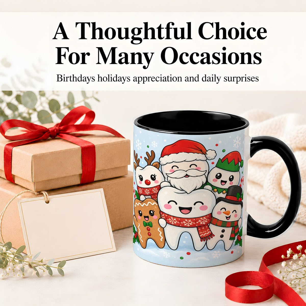 #pl[11oz|Black] Cute Dental Christmas Ceramic Mug, Tooth Character Holiday Artwork