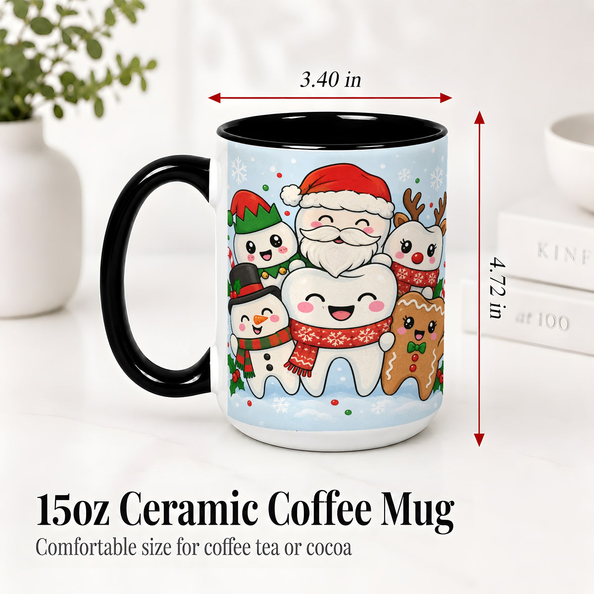 #pl[15oz|Black] Cute Dental Christmas Ceramic Mug, Tooth Character Holiday Artwork