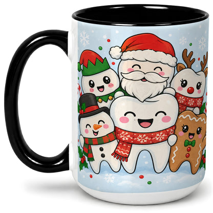 #pl[15oz|Black] Cute Dental Christmas Ceramic Mug, Tooth Character Holiday Artwork