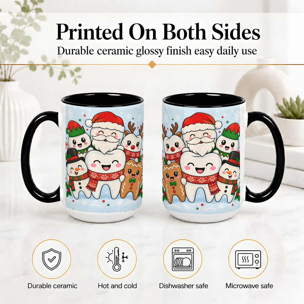 #pl[15oz|Black] Cute Dental Christmas Ceramic Mug, Tooth Character Holiday Artwork