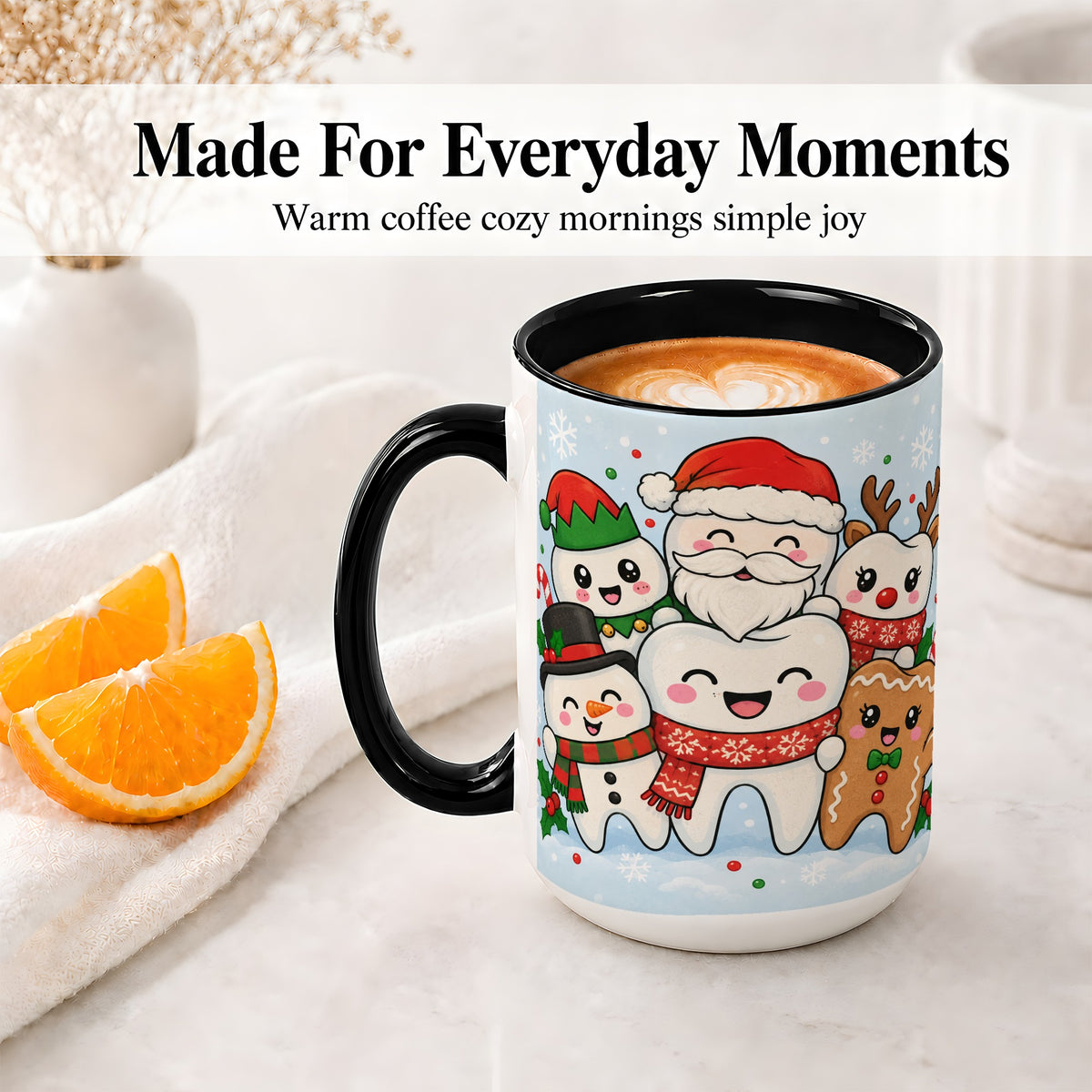 #pl[15oz|Black] Cute Dental Christmas Ceramic Mug, Tooth Character Holiday Artwork