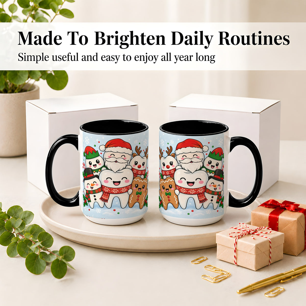 #pl[15oz|Black] Cute Dental Christmas Ceramic Mug, Tooth Character Holiday Artwork