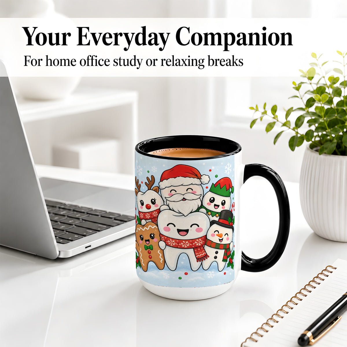#pl[15oz|Black] Cute Dental Christmas Ceramic Mug, Tooth Character Holiday Artwork