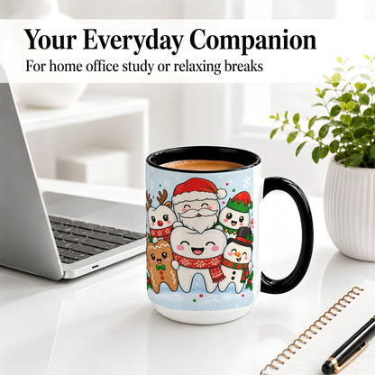 #pl[15oz|Black] Cute Dental Christmas Ceramic Mug, Tooth Character Holiday Artwork